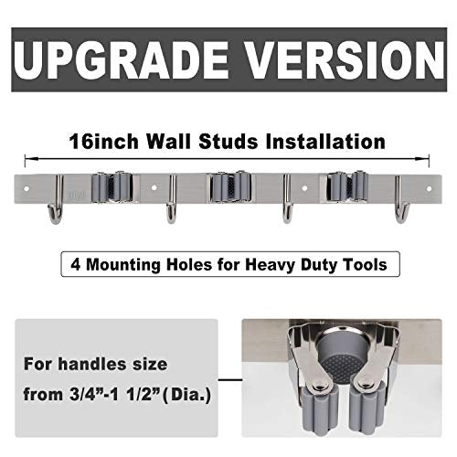 Broom Mop Holder Wall Mount Broom Hanger Wall Mounted Metal Organization Garage Storage Garden Kitchen Tool Organizer With 4 Racks and 5 Hooks (Silver, 1 Pack 3R4H)…