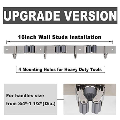 Broom Mop Holder Wall Mount Broom Hanger Wall Mounted Metal Organization Garage Storage Garden Kitchen Tool Organizer With 4 Racks and 5 Hooks (Silver, 1 Pack 3R4H)…