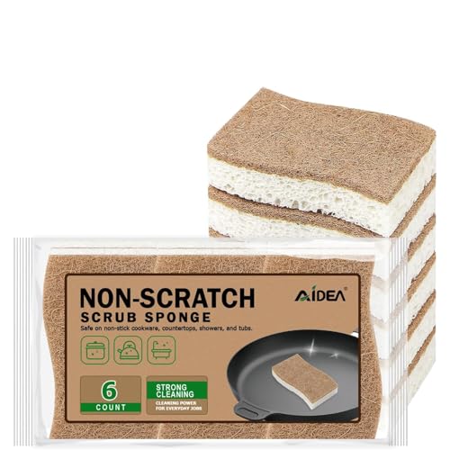 AIDEA Sponges Non Scratch, 6Count, Natural Sponge for Non Stick Cookware, Sponges Kitchen, Cellulose Scrub Sponge for Dishes, Cleaning Power for Kitchen, Bathroom, Household - color: Brown