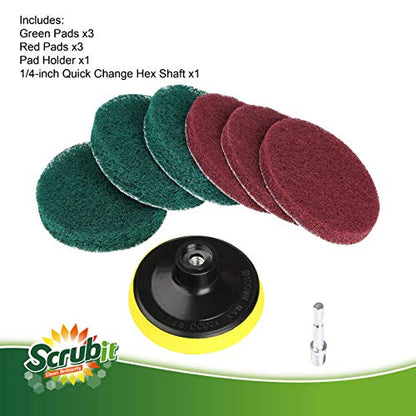 SCRUBIT Drill Brush Power Scouring Pads - Heavy Duty Tub and Tile Cleaner - Drill Scrubber Brush kit Includes Drill Attachment, 3 Red, 3 Stiff Green Scrubber Pads