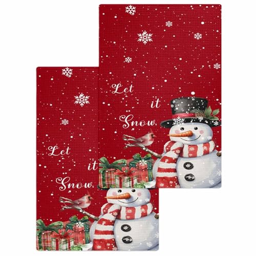 Christmas Red Hand Towels Set, Waffle Weave Kitchen Towels 2 Pieces, Snowman Snowflake Berry Bird Microfiber Hair Face Bath Tea Towel Absorbent Quick Drying Cleaning Dish Cloths, 15.7"x23.6" - color: Red, size: 2PCS,15.7"x23.6"