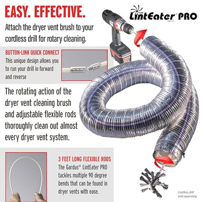 Dryer Vent Duct Cleaning Kit - Gardus RLE208 LintEater Pro Rotary Dryer Vent Cleaner Kit, Removes Lint, Extends Up to 12’, Dryer Duct Cleaning Kit, Forward & Reverse Cleaning, Air Duct Cleaning Tools - style: 12' Button-Link Kit