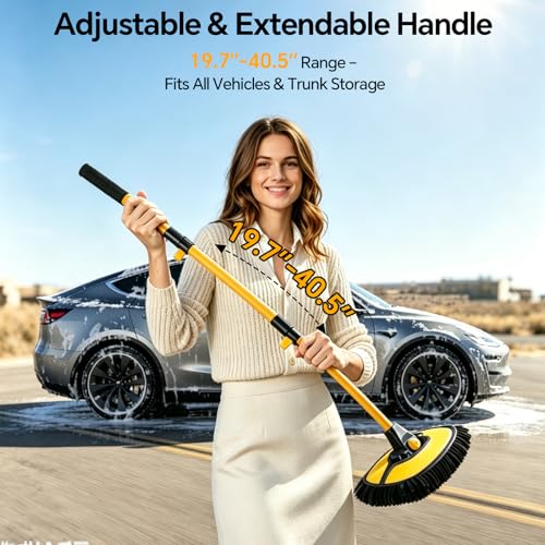7-in-1 Car Wash Kit with 20L Collapsible Bucket, 15° Curved Mop with 40.5" Long Handle, 0.84mm Reinforced Aluminum Pole, Professional Car Cleaning Supplies for SUV, Trucks & RVs-Yellow. - color: Yellow
