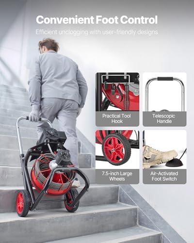 VEVOR Drain Cleaner Machine 100 FT x 1/2 Inch, Auto Feed Sewer Snake Auger on Wheels - with 8 Cutters & Air-Activated Foot Switch for 2" to 6" Pipes - style: 100 FT x 1/2''