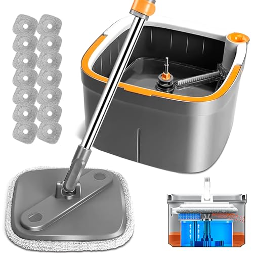 Spin Mop and Bucket Set with Self Separation Dirty and Clean Water System, Square Mop Bucket Self Wringing 360° Rotating Clean Floor Mop-Head for Hardwood Tile Marble Floors-with 14Pads - size: Mop Set with 14pads