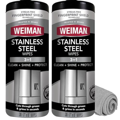 Weiman Stainless Steel Cleaner & Polish Kit, 2 Wipes & Cloth, Anti-Fingerprint, Removes Grease, Water Spots, Streaks & Residue, Polishing Cleaner Safe for Appliances, Chrome, Sinks & Grill Exteriors - size: 30 Count (Pack of 2)
