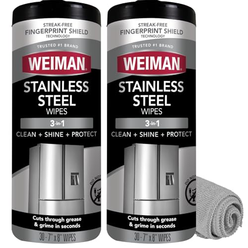 Weiman Stainless Steel Cleaner & Polish Kit, 2 Wipes & Cloth, Anti-Fingerprint, Removes Grease, Water Spots, Streaks & Residue, Polishing Cleaner Safe for Appliances, Chrome, Sinks & Grill Exteriors - size: 30 Count (Pack of 2)