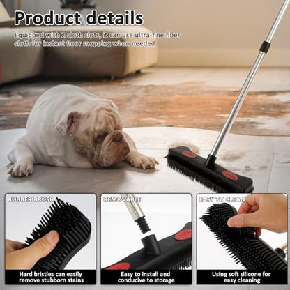 Rubber Broom with Squeegee Efficient Carpet Rake Broom with Adjustable Handle Practical Fur Remover Broom Reusable Detailing Lint Remover Brush Pet Hair Removal Broom for Pet Floor Carpet//