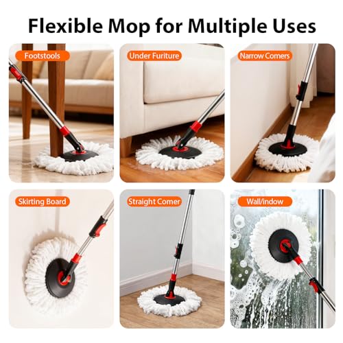 Spin Mop and Bucket with Wringer Set,360° Mop and Bucket System with One Microfiber Mop Refills and 50" Extended Handle for Floor Cleaning (Black)