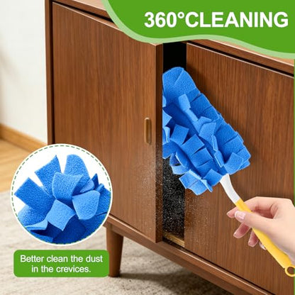 12PCS Fleece Reusable Duster Refills with 4 Handles, Washable Cleaning Pads in 6 Colors, 360° Dust Cleaning Brush for Home, Blinds, Car, Furniture, Fans, Wet & Dry Use