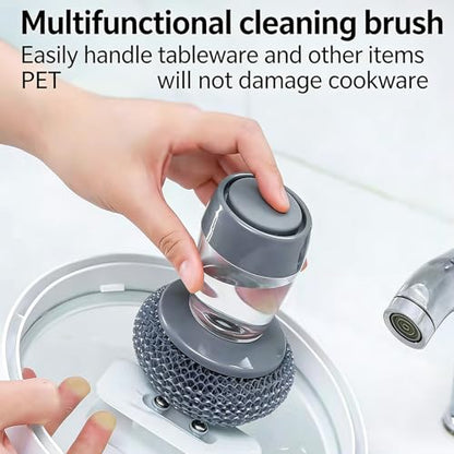 1/2Pcs Press to Clean Dish Brush with Automatic Soap Dispenser and Steel Scrubber for Kitchen Cleaning Easy to Use