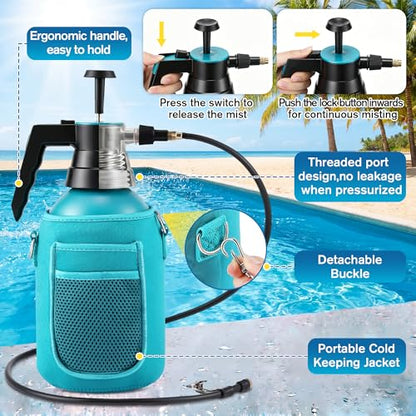 Aurelema Personal Mister, 2 in 1 Water Spray Bottle with 3.3ft Extend Mist Line/Neoprene Jacket/Strap, Portable Handheld Pump Spray Bottle for Outdoor Cooling, Hiking, Garden, Pet(Blue,2L) - color: Blue, style: with Neoprene Jacket;