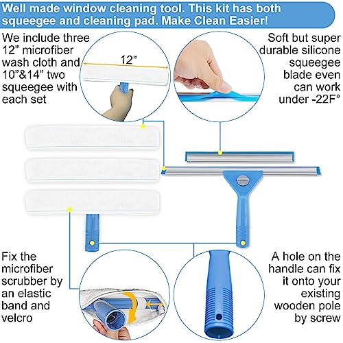 AMERWASH PLUS Window Squeegee Washing Kit for Shower Glass Door, Mirror and Window Cleaning, Extra 14'' Wide Squeegee and 2 Microfiber Scrubbers Included (Extension Pole not Included) - size: 14 inches
