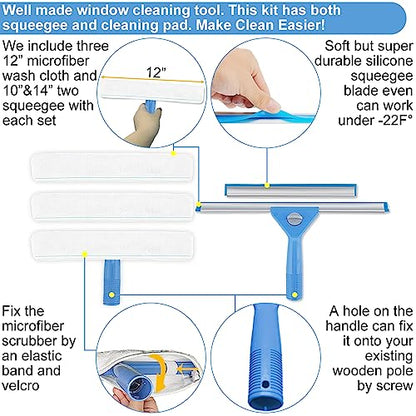 AMERWASH PLUS Window Squeegee Washing Kit for Shower Glass Door, Mirror and Window Cleaning, Extra 14'' Wide Squeegee and 2 Microfiber Scrubbers Included (Extension Pole not Included) - size: 14 inches