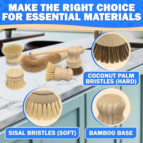 5 Pcs Bamboo Dish Brush Set – Bamboo Dish Scrubber with Soft & Stiff Non-Scratch Bristles, Ergonomic Handle, Replacement Head Included – Lightweight Kitchen Scrubber for Pots, Bottles & Vegetables
