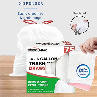 BEIDOU-PAC Trash Bags 4-6 Gallon Drawstring, 75 Count Garbage Bags, Medium Kitchen Trash Bags, Odorless & Heavy Duty White Plastic Food Scrap Bags for Bathroom Bedroom Office Waste - style: 4-6 Gallon |75 Count