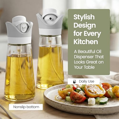 Olive Oil Dispenser for Kitchen 2-in-1 Pour and Spray | 11.5 oz / 340 ml | Glass Olive Oil Sprayer for Cooking, Airfryer, Salad & BBQ | Set of 2 Bottles, White - color: White