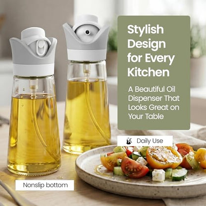 Olive Oil Dispenser for Kitchen 2-in-1 Pour and Spray | 11.5 oz / 340 ml | Glass Olive Oil Sprayer for Cooking, Airfryer, Salad & BBQ | Set of 2 Bottles, White - color: White