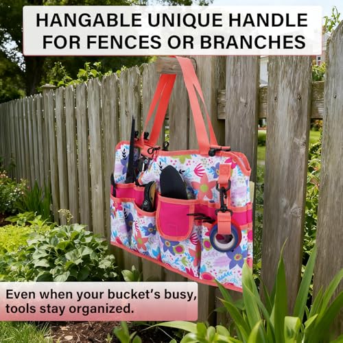 KUNN 5 Gallon Bucket Organizer 18-Pocket Bucket Tool Bag with Hangable Handle, Heavy-Duty Garden Tool Organizer Bag for Gardening Tools, Fits 3.5-5 Gal Buckets, Includes Comfort Grip Pad, Red - style: White Blossom