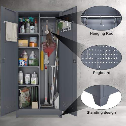 Metal Tool Storage Cabinet, Broom Closet with Hooks, 72.8" Tall Garage Cabinet with Shelves, Heavy-Duty Cleaning Storage for Utility Room, Gym, Office, Garage - color: 73"h-broom Cabinet / Grey