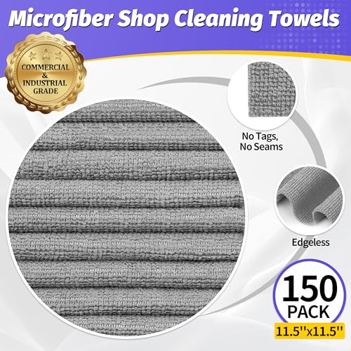 Microfiber Cleaning Cloth,150 Pack Grey Cleaning Rags, Bulk All-Purpose Lint-Free Shop Towels Wipes, Commercial Micro Fiber Cleaning Towels Washcloth for Car Garage Housekeeping 11.5"*11.5" - color: Grey, style: 150 Pack