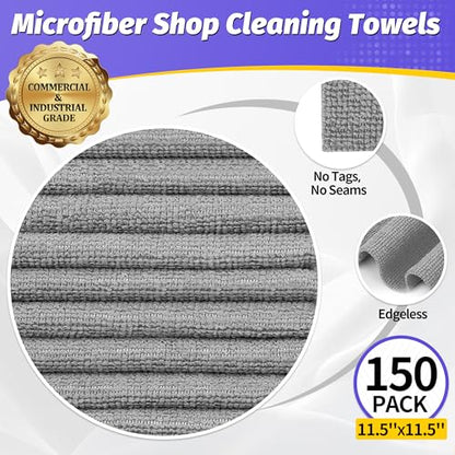 Microfiber Cleaning Cloth,150 Pack Grey Cleaning Rags, Bulk All-Purpose Lint-Free Shop Towels Wipes, Commercial Micro Fiber Cleaning Towels Washcloth for Car Garage Housekeeping 11.5"*11.5" - color: Grey, style: 150 Pack