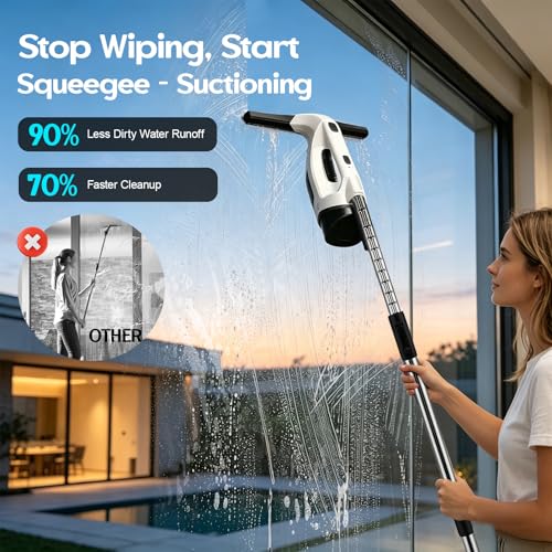 Window Vacuum Squeegee Cordless with Extension Pole 31-40", 2000Pa Window Cleaner Tool with 2200mAh & 150ml Dirty Water Tank, Reusable Cleaning Cloth Head, for Shower Door, High Window &Car Windshield