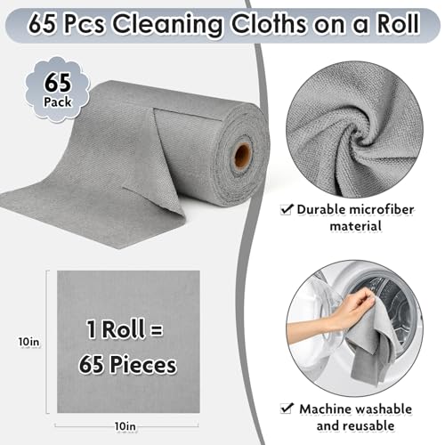 65 Pack of Microfiber Cloths in a Roll, 10" x 10" Reusable Washable Cleaning Rag Tear Away Towels for Auto House Garage Dust Kitchen Bathroom, Lint-Free Not Scratch Cleaning Supplies - color: Grey, style: 65 PCS