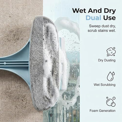 Window Screen Cleaning Brush, 2 in 1 Window Screen Cleaning Brush with Squeegee, for Patio, Door & Porch Screens, Dual-Sided Wet & Dry Use, Blue