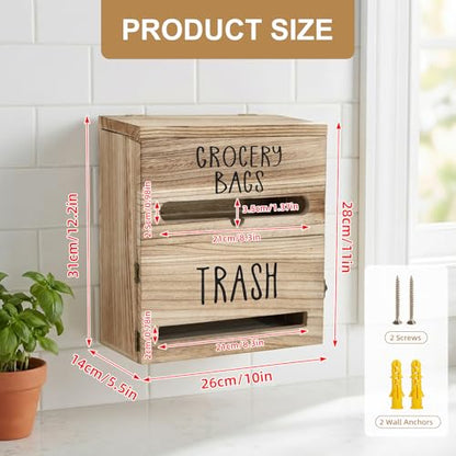 2 in 1 Trash Bag Dispenser, Double Wall Mounted,Wood Trash Bag Holder, used in kitchen, garage, laundry room, can store Environmentally friendly food bags (White/Brown(10inch*5.5inch*12.2inch）) - color: White/Brown(10inch*5.5inch*12.2inch）