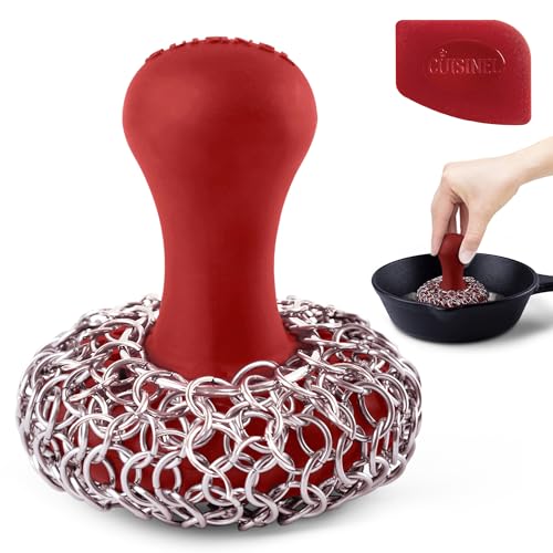 Cuisinel Cast Iron Chainmail Scrubber + Pan Scraper - The Patented Original Ergonomic Stainless & Silicone Pot & Skillet Cleaner - Premium Food-Safe Design - Easy Clean Dishwasher Safe Cookware Sponge - color: Red, size: Standard