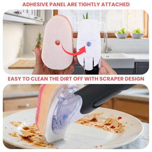 Soap Dispensing Replacement Dish Brush Storage Set with 10 PCS Sponge Refills & Holder - RIMAY Dispenser Scrub Cleaning Scrubber Kitchen Dishwashing Dish Wand Handle for Dishes/Pans/Pots/Sink(Pink) - color: Pink