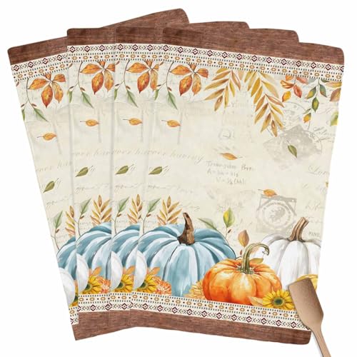Fall Kitchen Towels Harvest Pumpkin Thanksgiving Hand Towels Leaves Sunflower Dish Towel Cleaning Cloth Soft Absorbent Quick Drying 4 Pack Dish Cloths for Kitchen, Bathroom Autumn Decoration - color: Yellow Brown, size: 4PCS