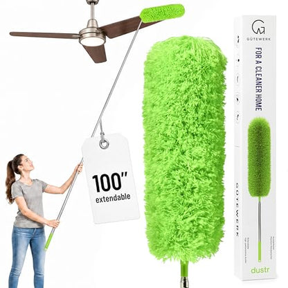 Gütewerk Extendable Microfiber Duster, 100 Inch - Feather Dusters for Cleaning Ceiling Fans, Blinds, Baseboards & High Ceilings - Washable, Electrostatic, 360° Bendable Head, Stainless Steel Pole - color: Green, size: up to 100 inch
