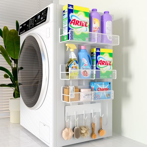 4 Pack Magnetic Shelves for Washing Machine, Heavy-Duty Magnetic Laundry Organizer with Hooks, Washing Machine Shelf for Refrigerator, Metal Storage Baskets, Closet & Laundry Room Organization(White) - color: White, size: 4 Pack (11.3"-12.4")