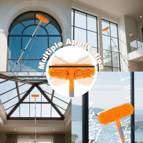 Window Squeegee Cleaner Tool with Extension Pole: 2-in-1 Window Cleaning Kit - 86.6 Inch Telescopic Long Window Cleaning Tool for High Windows Glass with 2 Microfiber Cloth & Squeegee Blade - color: Orange