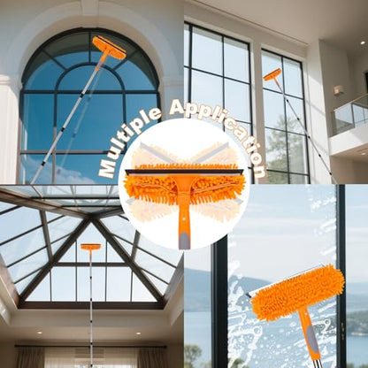 Window Squeegee Cleaner Tool with Extension Pole: 2-in-1 Window Cleaning Kit - 86.6 Inch Telescopic Long Window Cleaning Tool for High Windows Glass with 2 Microfiber Cloth & Squeegee Blade - color: Orange