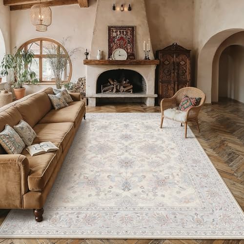 HUGEAR 8x10 Area Rug Cream Blue Vintage Machine Washable Rug Distressed Living Room Rugs Room Decor Low Pile Non Slip Soft Carpet for Bedroom Dining Room Office Soft Lightweight - color: Cream Blue, size: 8' x 10' (Rectangular)