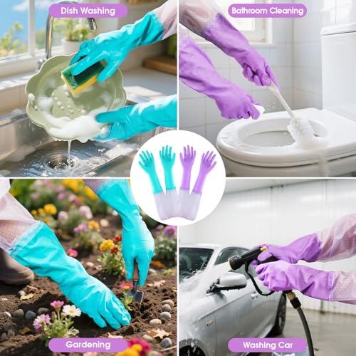 Elgood Reusable Long Sleeve Dishwashing Cleaning Gloves with Latex Free,Cotton Lining,Kitchen Gloves 2 Pairs,Purple+Blue M - color: Long-purple+blue, size: Medium (Pack of 2)