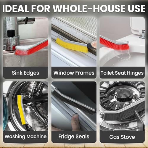 Crevice Cleaning Brush Set – 3Pcs Hard Bristle Cleaning Tools in Red, Black & Yellow for Grout, Tile Floors, Gaps & Narrow Spaces – Small Grout Scrub Brush for Bathroom, Shower, Window Tracks, Kitchen