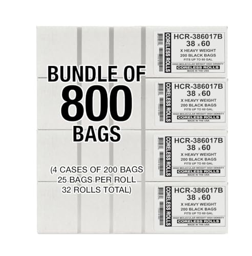 Aluf Plastics High Density Trash Bags, 60 Gallon, 800 Count, 17 Micron (eq), 38" x 60", Black, for Bathroom, Office, Industrial, Commercial, Janitorial, Municipal, Recycling - color: Black, style: 55-60 Gal, 17 Micron Equiv, 800 Count