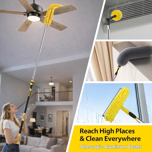 20 Foot High Ceiling Duster Kits with 5-12ft Heavy Duty Extension Pole, High Reach Duster for Cleaning,Microfiber Feather Duster,Cobweb Duster,Ceiling Fan Duster,Window Squeegee & Cleaner - size: 12 feet