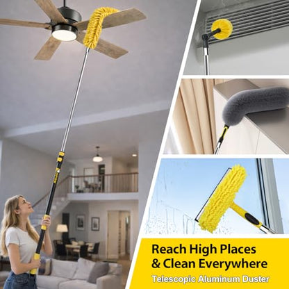 20 Foot High Ceiling Duster Kits with 5-12ft Heavy Duty Extension Pole, High Reach Duster for Cleaning,Microfiber Feather Duster,Cobweb Duster,Ceiling Fan Duster,Window Squeegee & Cleaner - size: 12 feet