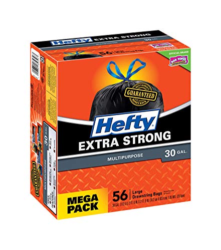 Hefty Strong 30 Gallon Trash Bags, Large Trash Bag 30 Gallon Size, Durable Drawstring Enclosure, Resists Punctures, Leaks, and Tears, Black, Unscented, 56 Bags (Pack of 4) - size: 56 Count (Pack of 4)
