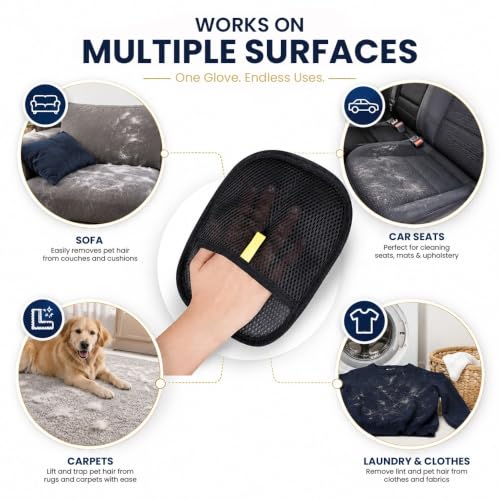 Pet Hair Removal Glove for Cats & Dogs – Reusable Electrostatic Dog & Cat Hair Remover, Fur Removal Tool for Laundry, Couch, Furniture, Carpet & Car Seat (1 Pack, Black)