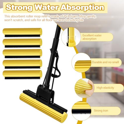 Willinglong 10 Pcs Roller Mop Refill Bulk Absorbent PVA Sponge Mop Head Replacement for Home Bathroom Business Garage Kitchen Cleaning (Yellow) - color: Yellow