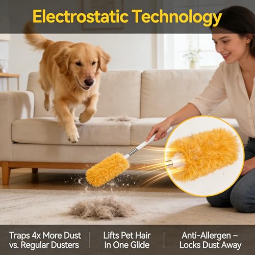Extendable Duster 31.5 Inch Telescoping Pole with Reusable Washable Non-Woven Double-Sided Cleaning Head Orange for Ceiling Fans Blinds Vents High Ceilings Hard to Reach Places
