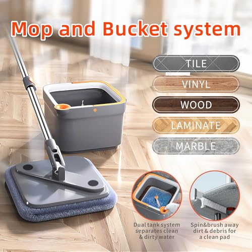 Spin Mop and Bucket Set with Self Separation Dirty and Clean Water System, Square Mop Bucket Self Wringing 360° Rotating Clean Floor Mop-Head for Hardwood Tile Marble Floors-with 14Pads - size: Mop Set with 14pads