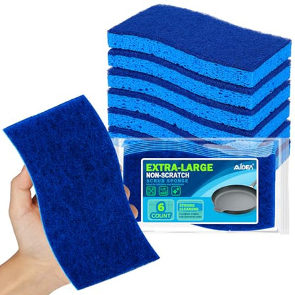 AIDEA XL Scrub Sponges Non-Scratch 6Count, Extra Large Sponges Kitchen, Sponge for Dishes, Cleans Fast Without Scratching Safe for Non-Stick Cookware, Cleaning Power for Kitchen, House - color: Blue-extra Large