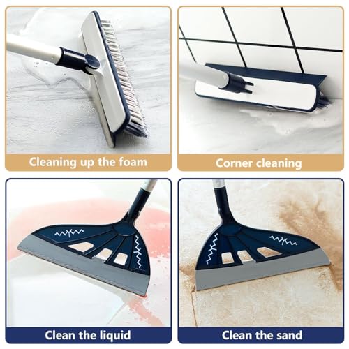Magic Air Broom Household Silicone Broom, Multifunction Squeegee with 2 Heads - Brush and Scrape, Magic Broom Sweeper with Extra-Long Adjustable Aluminum Handle for Floor, Glass, Tile (Blue)